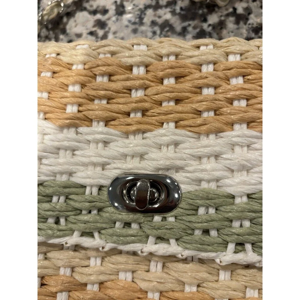 Cappelli Straworld Pastel Striped Woven Straw Raffia Crossbody Purse W/Charms